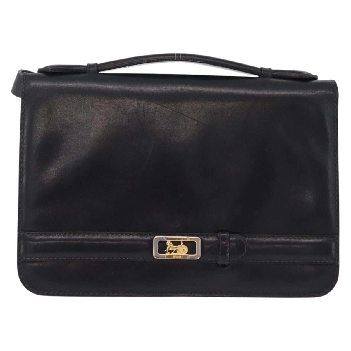 CELINE Hand Bag Leather Black Gold Tone Auth mr3107