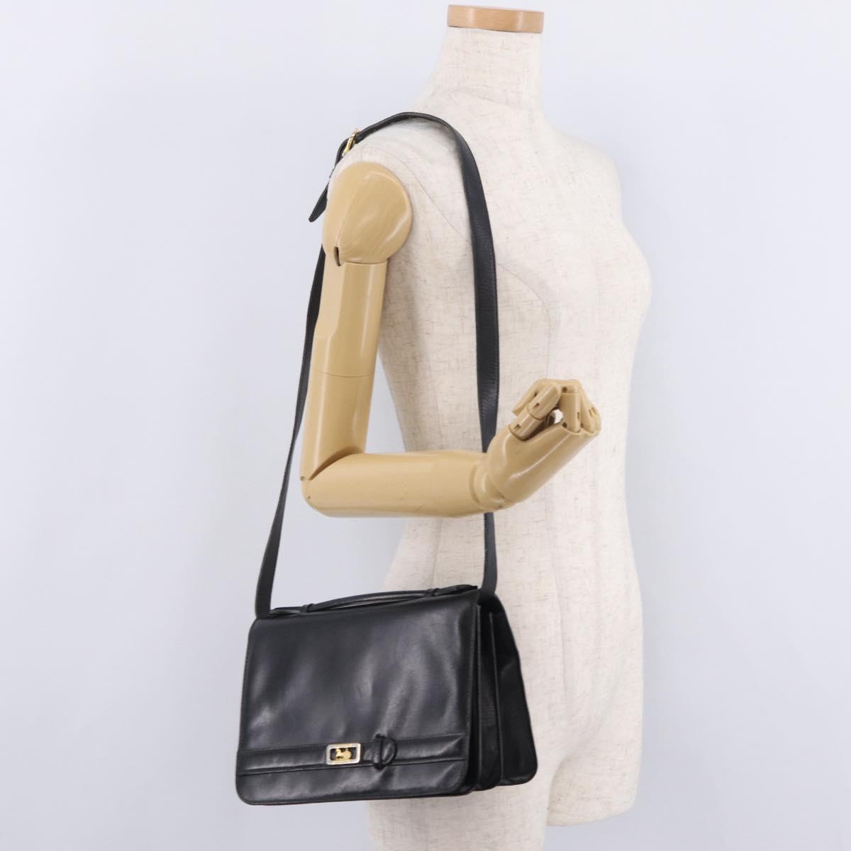 CELINE Hand Bag Leather Black Gold Tone Auth mr3107