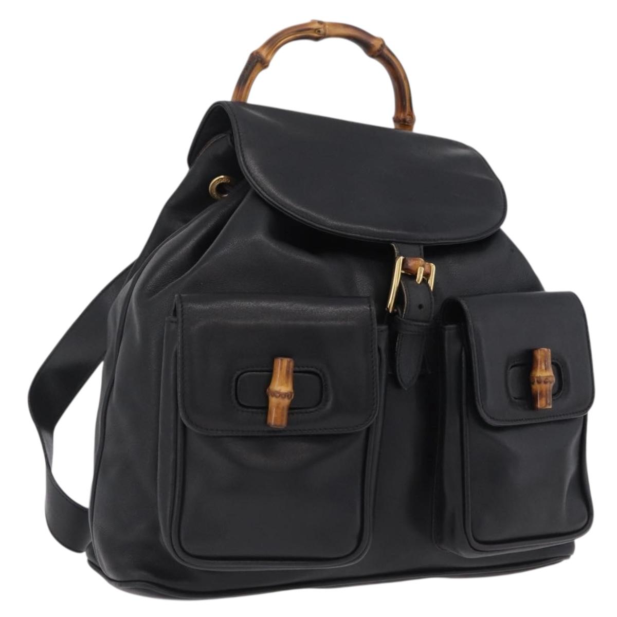 GUCCI Bamboo Backpack Leather Black Gold Tone 003 2058 0016 Auth mr3112
