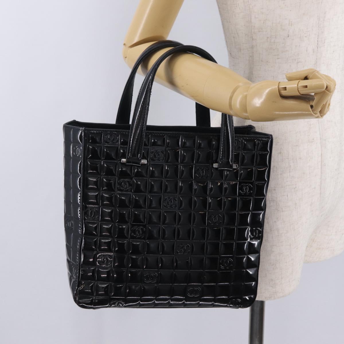 CHANEL Patent leather Hand Bag Leather Black Silver CC Auth mr3124