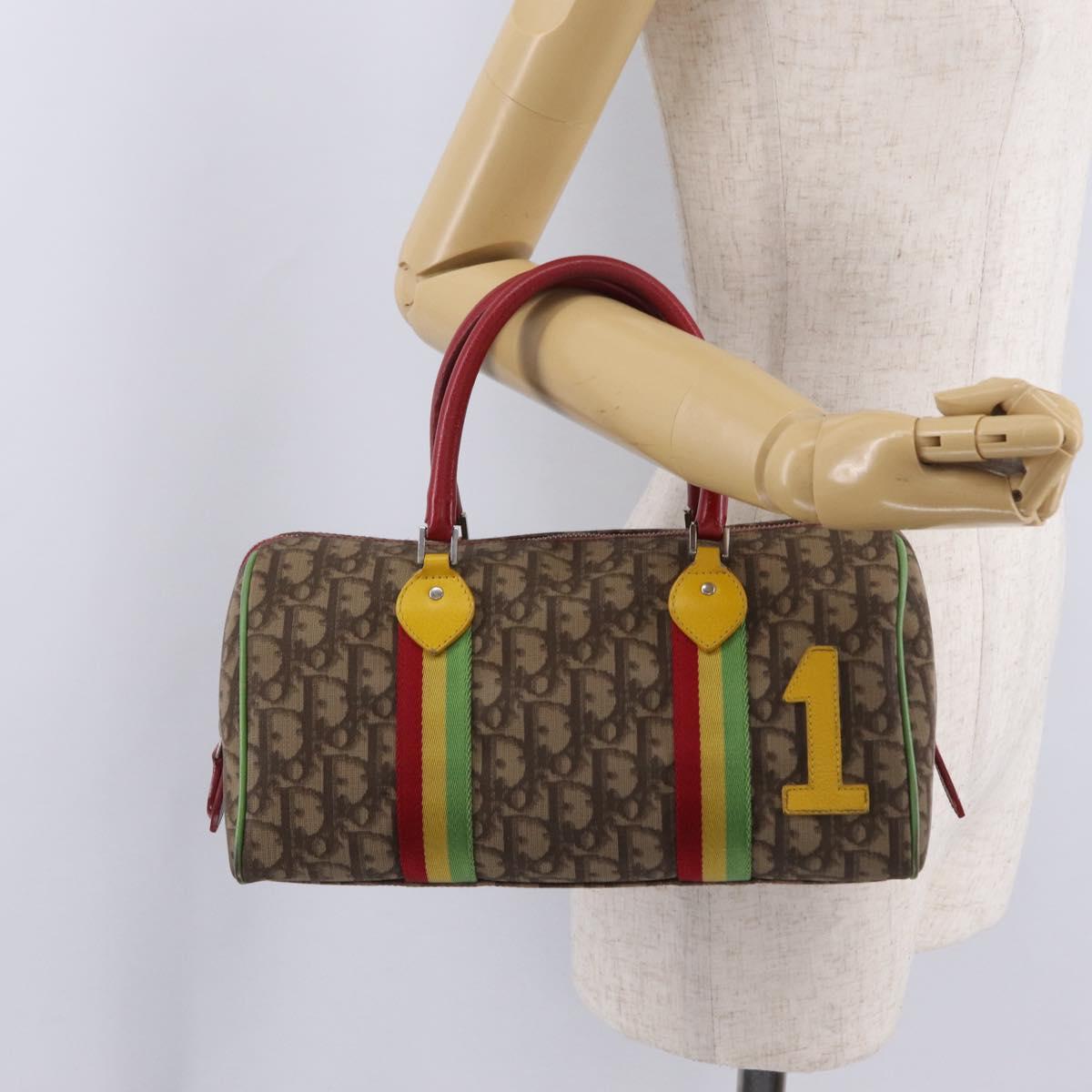 Christian Dior Trotter Canvas Hand Bag PVC Brown Silver Auth mr3125V