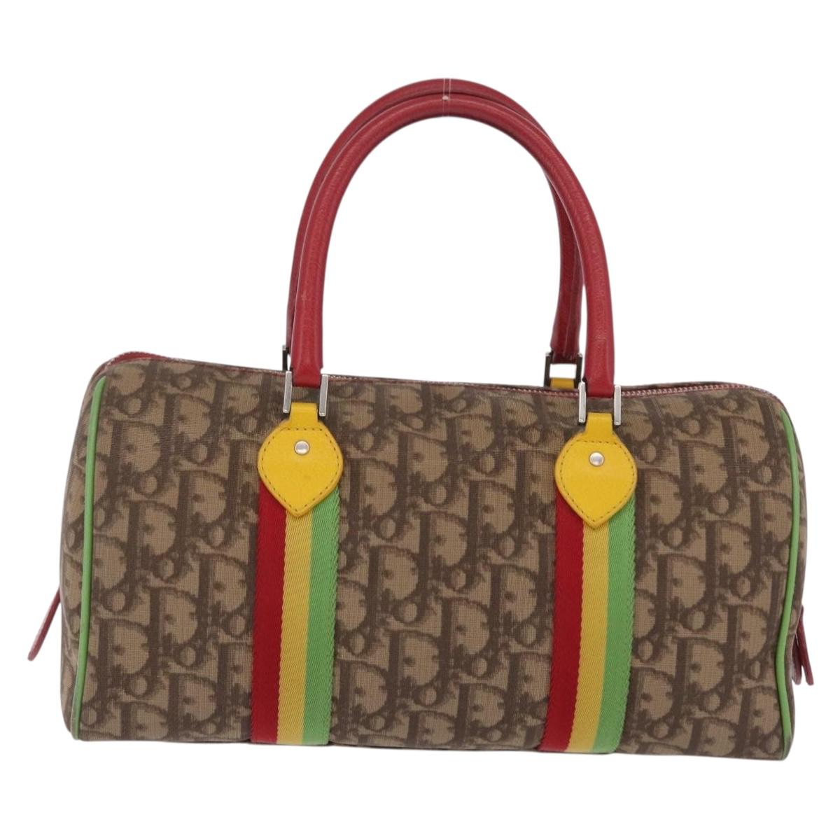 Christian Dior Trotter Canvas Hand Bag PVC Brown Silver Auth mr3125V