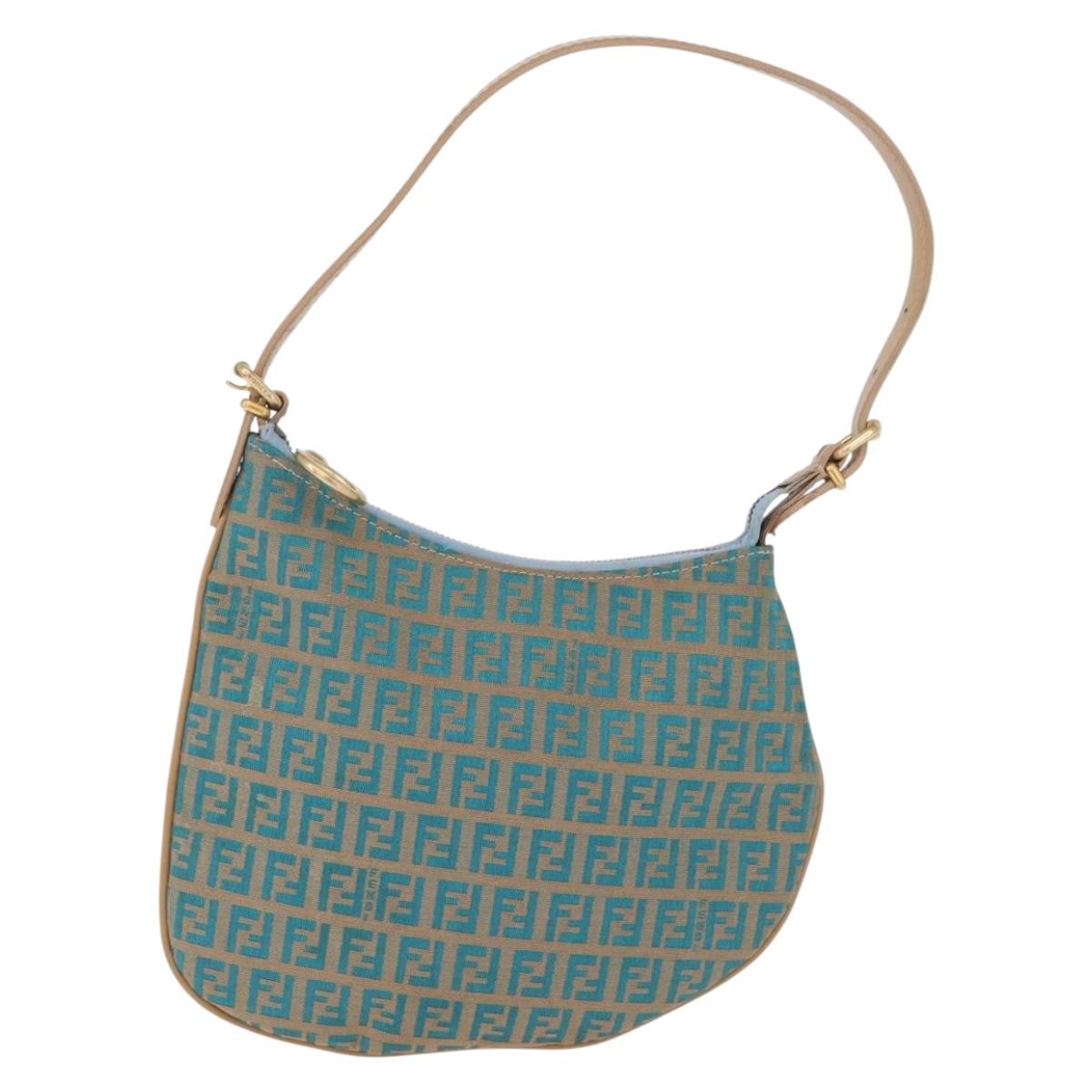 FENDI Zucchino Canvas Shoulder Bag Blue Gold Auth mr3132V
