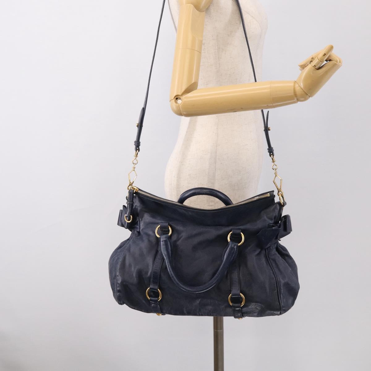 Miu Miu Hand Bag Leather 2way Navy Gold Auth mr3145V