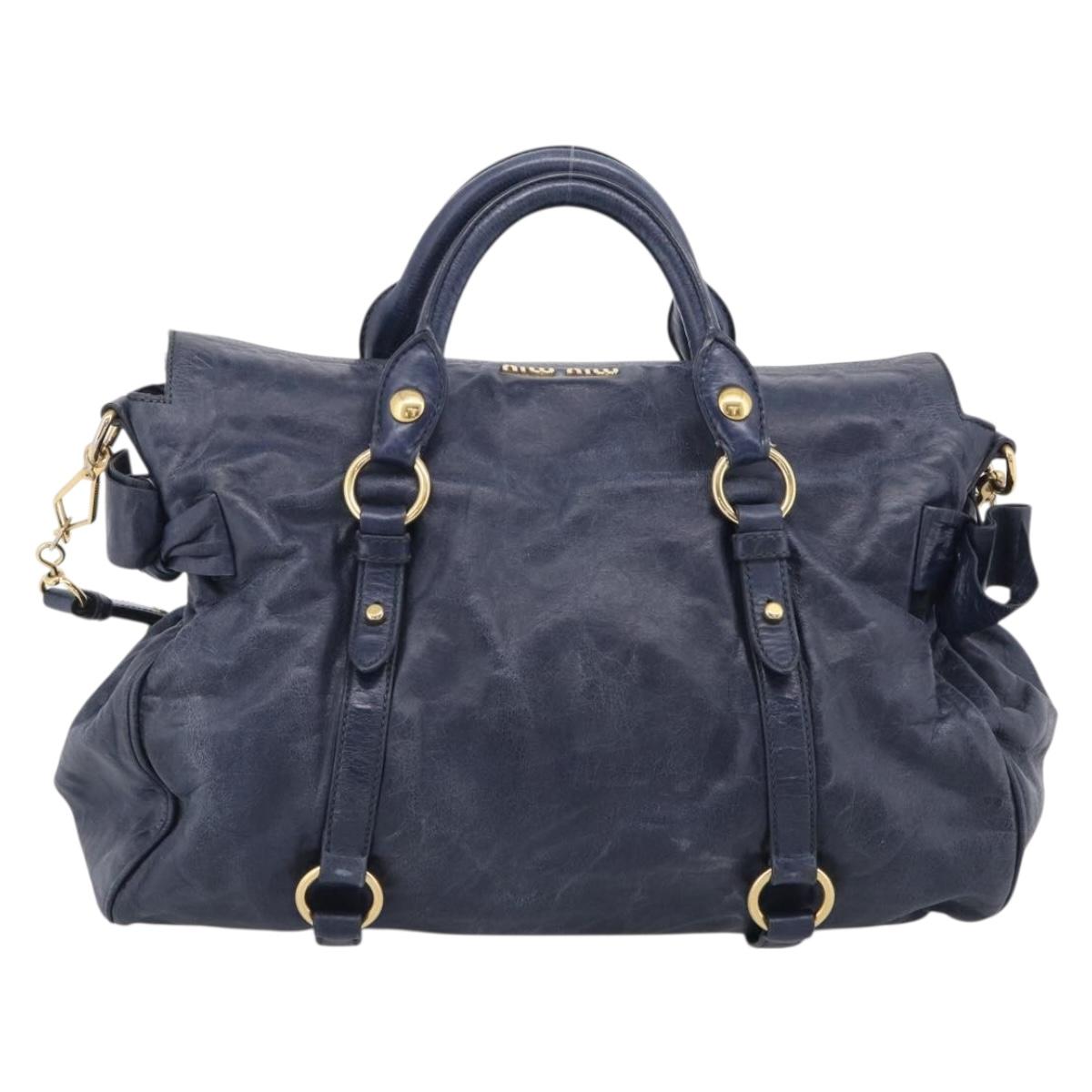 Miu Miu Hand Bag Leather 2way Navy Gold Auth mr3145V