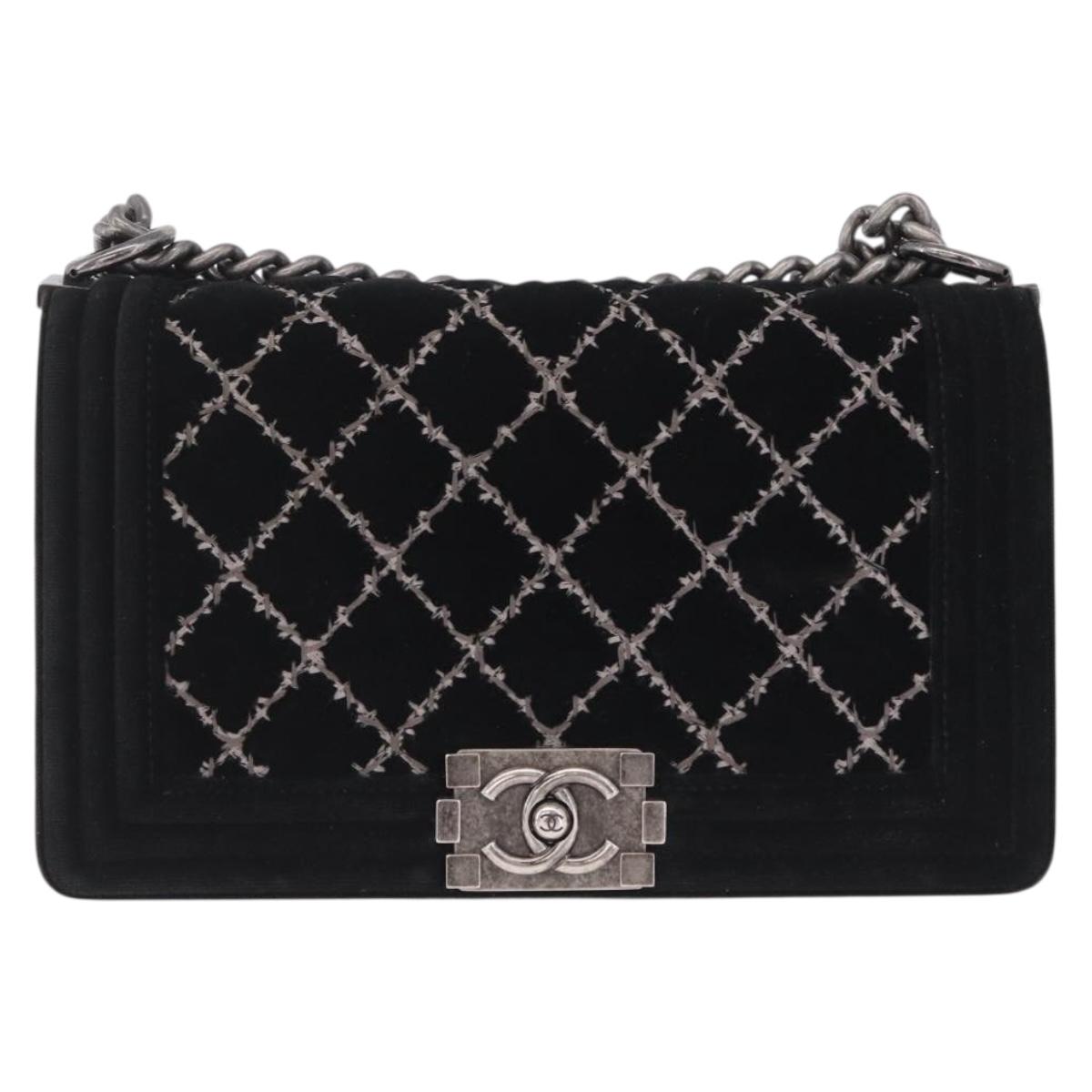 CHANEL Matelasse Boy Chanel Chain Bag Velor Black Silver CC Auth mr3146V