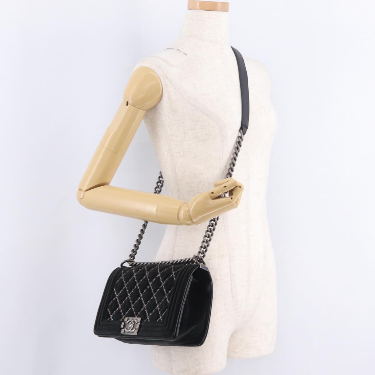 CHANEL Matelasse Boy Chanel Chain Bag Velor Black Silver CC Auth mr3146V