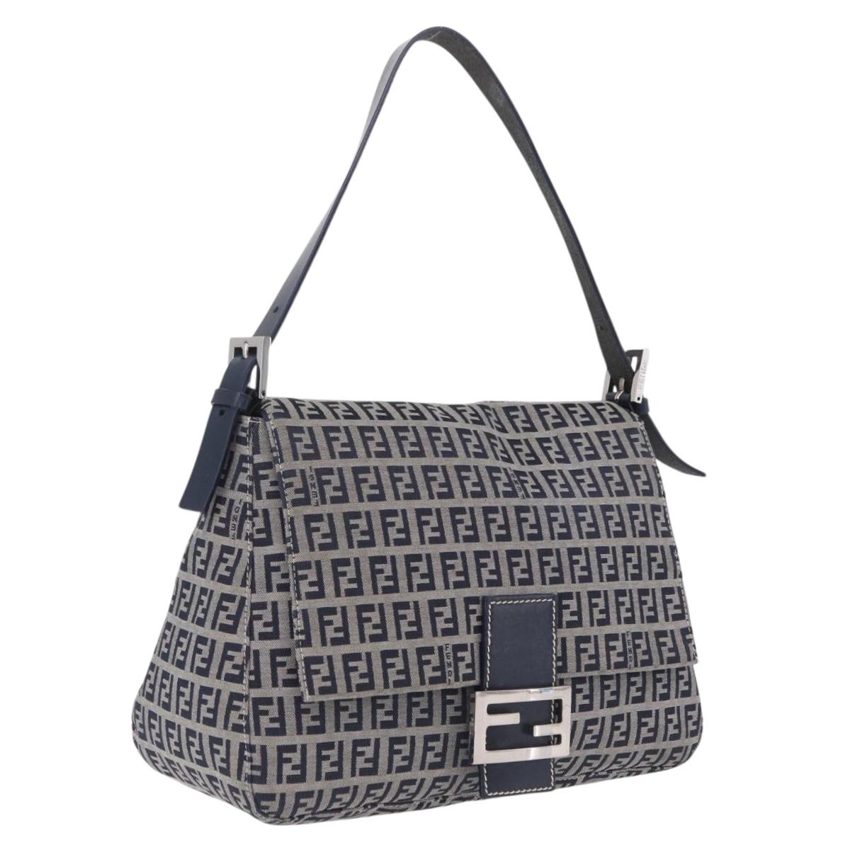 FENDI Zucchino Canvas Mamma Baguette Shoulder Bag Navy Silver Auth mr3148V