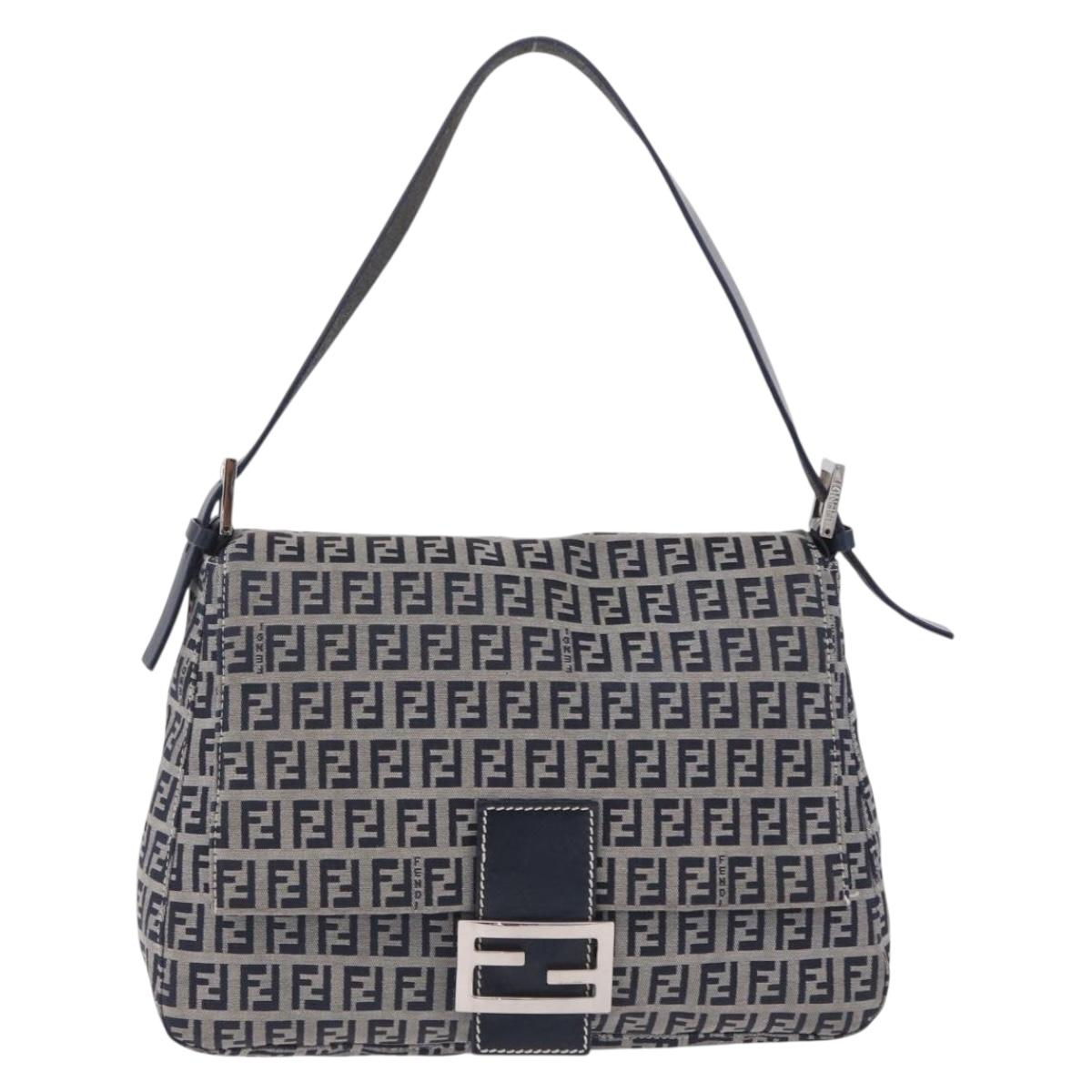 FENDI Zucchino Canvas Mamma Baguette Shoulder Bag Navy Silver Auth mr3148V