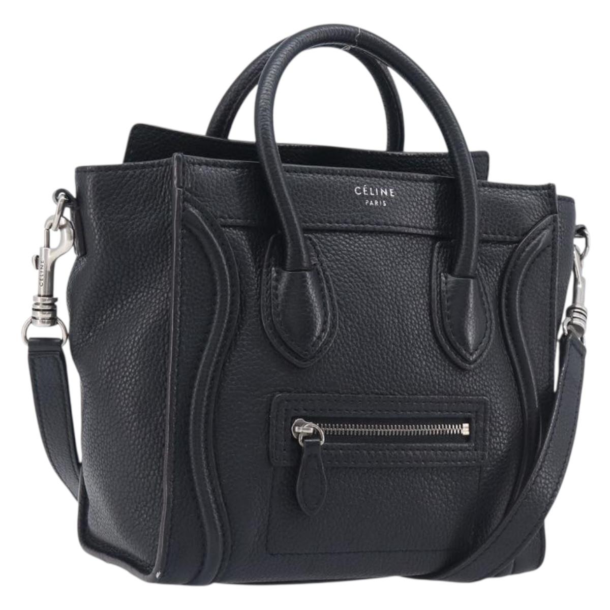 CELINE Luggage Nano Shopper Hand Bag Leather 2way Black Silver Auth mr3149V