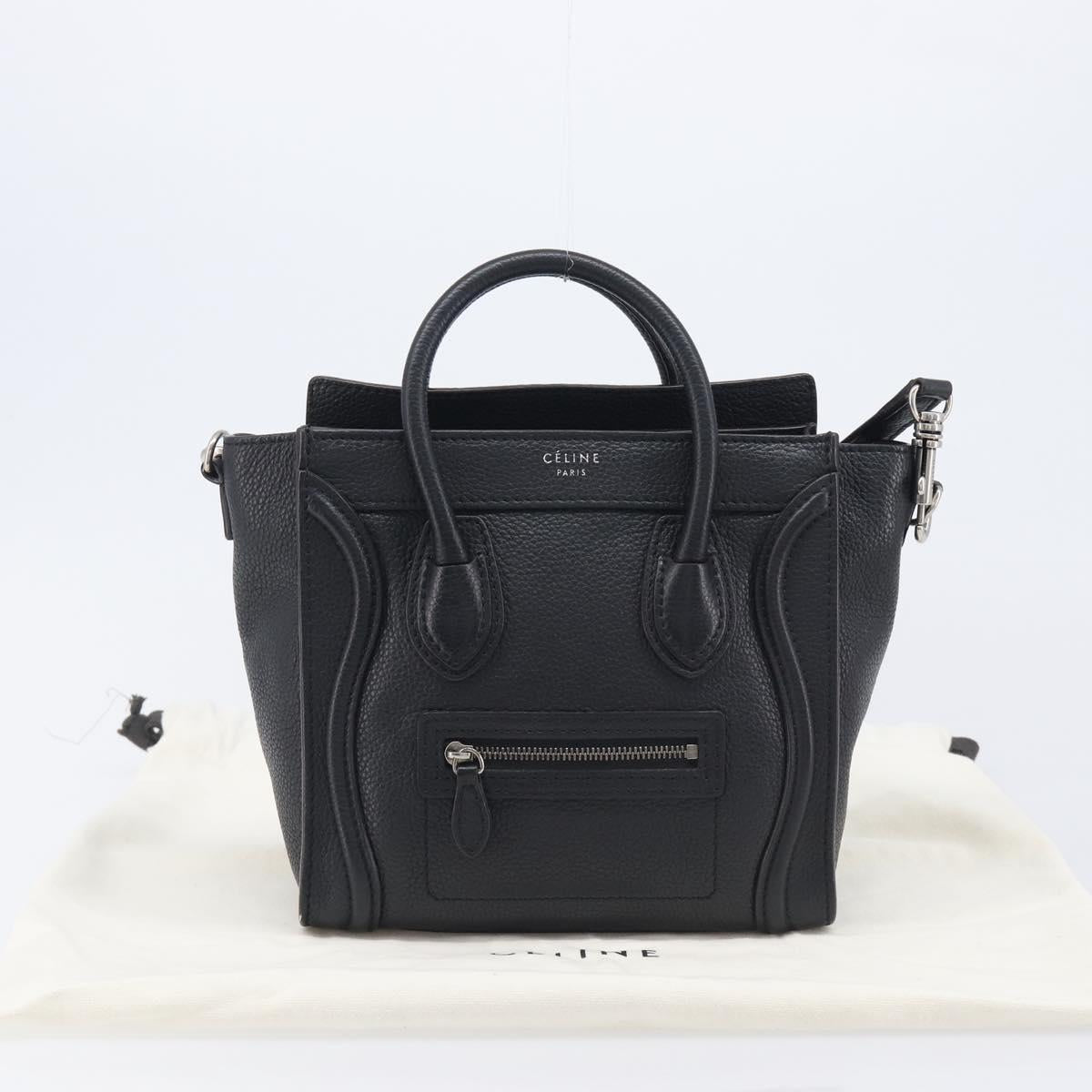 CELINE Luggage Nano Shopper Hand Bag Leather 2way Black Silver Auth mr3149V