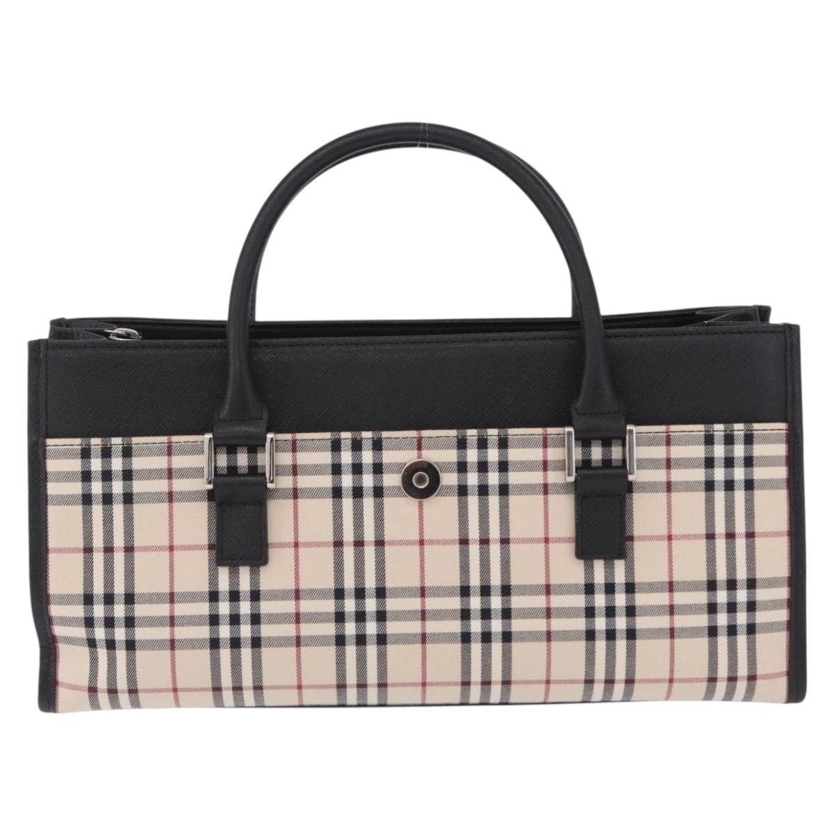 BURBERRY Nova Check Hand Bag Canvas Beige Silver Auth mr3151