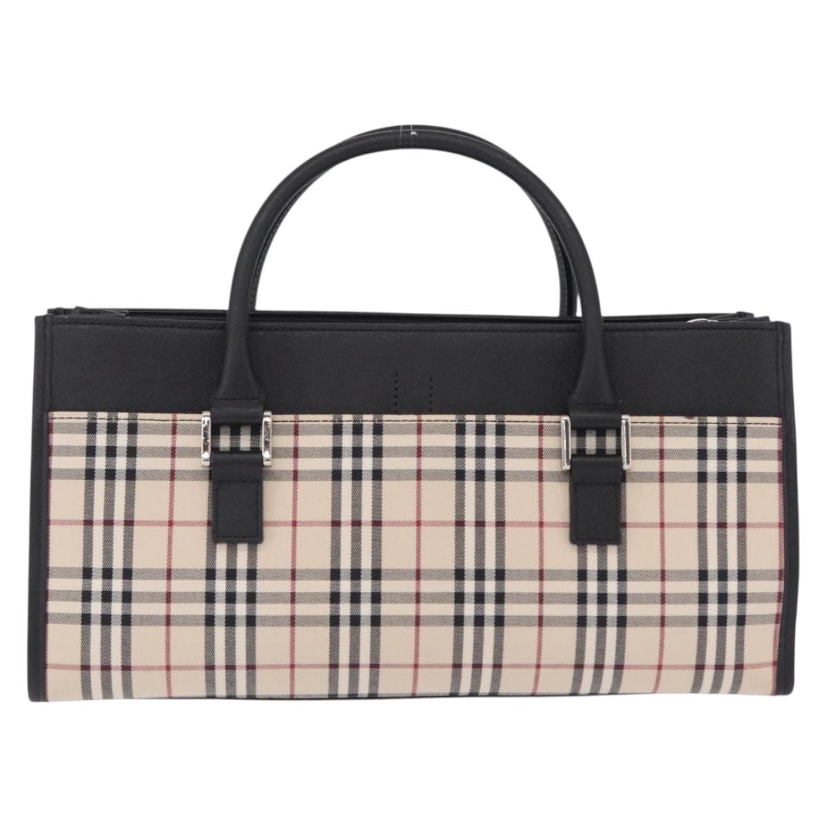 BURBERRY Nova Check Hand Bag Canvas Beige Silver Auth mr3151