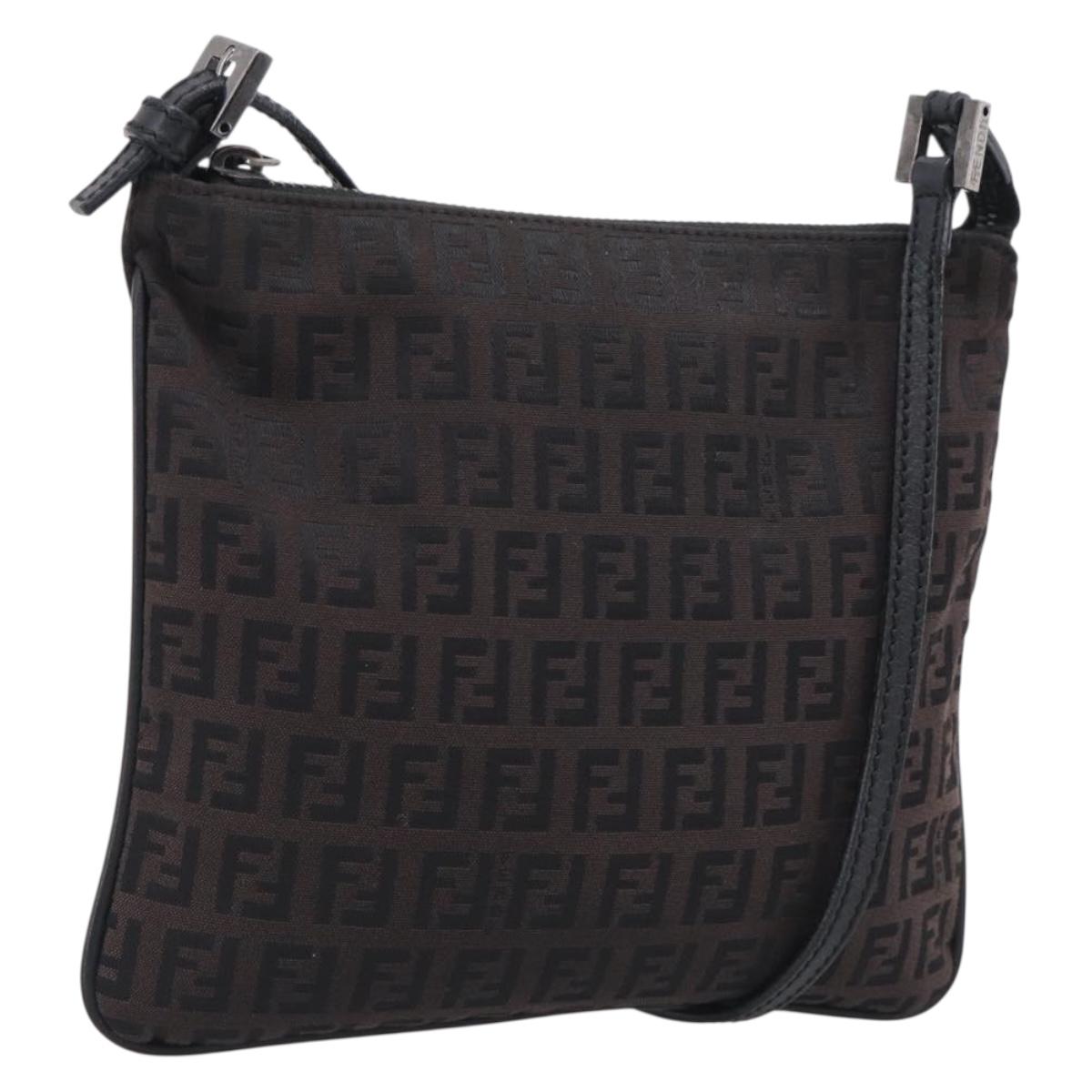 FENDI Zucchino Canvas Shoulder Bag Dark Brown Silver Auth mr3155