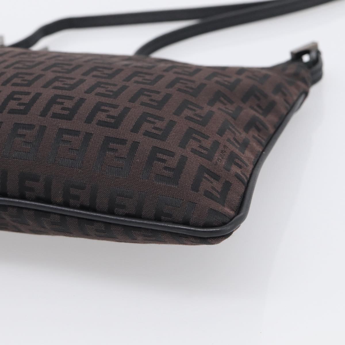 FENDI Zucchino Canvas Shoulder Bag Dark Brown Silver Auth mr3155