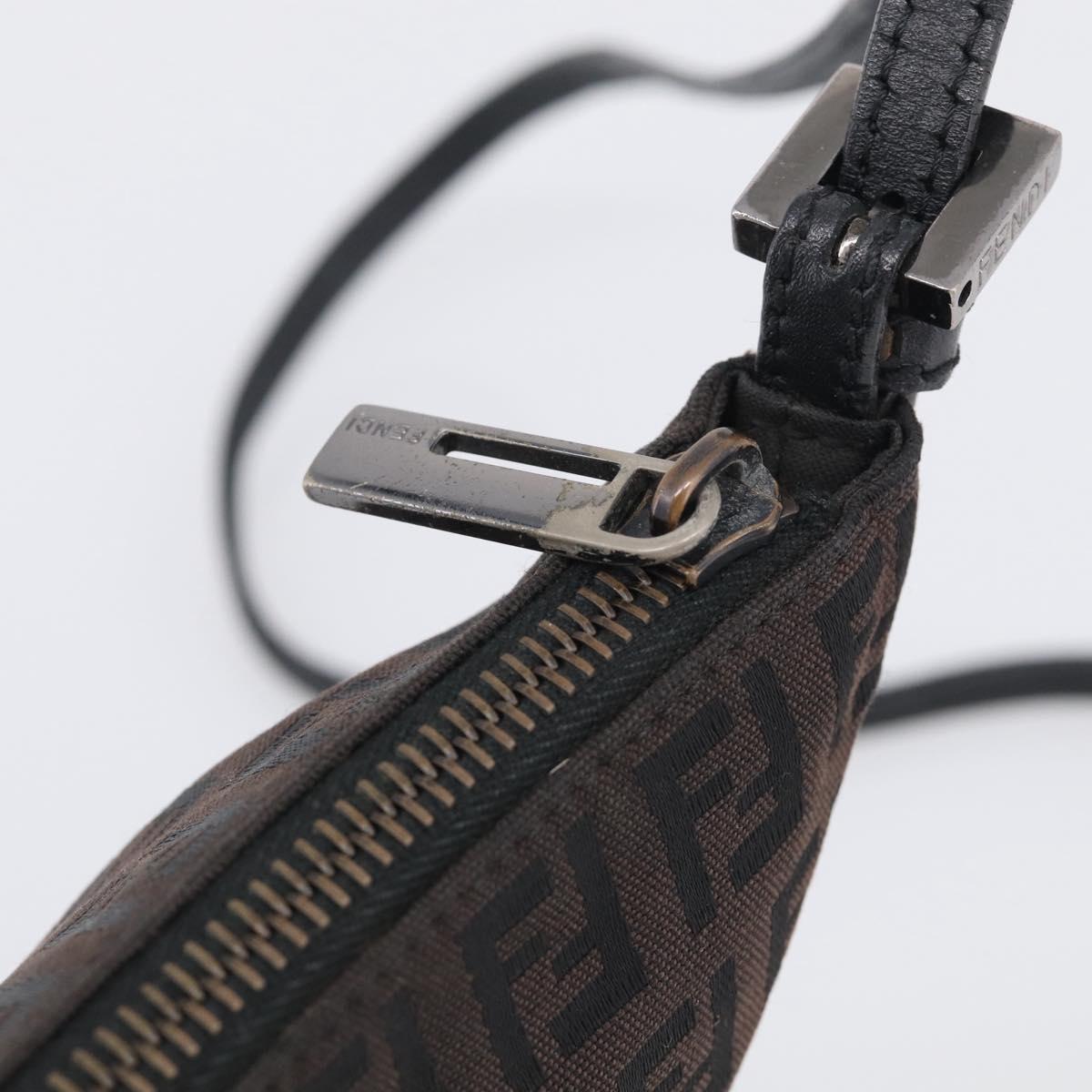 FENDI Zucchino Canvas Shoulder Bag Dark Brown Silver Auth mr3155