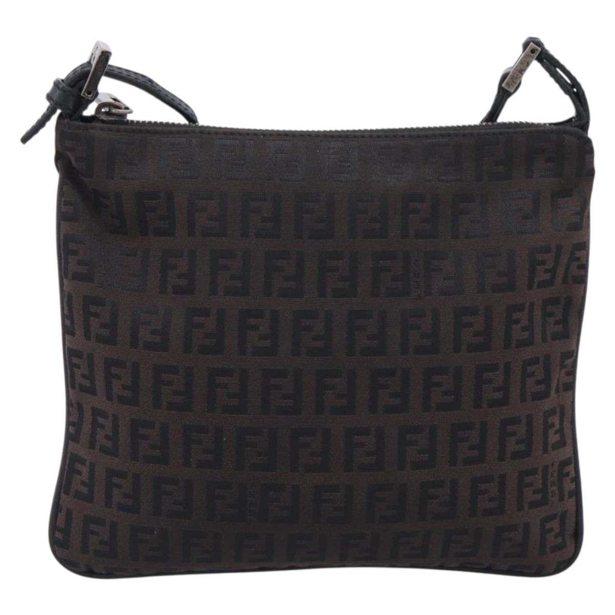FENDI Zucchino Canvas Shoulder Bag Dark Brown Silver Auth mr3155