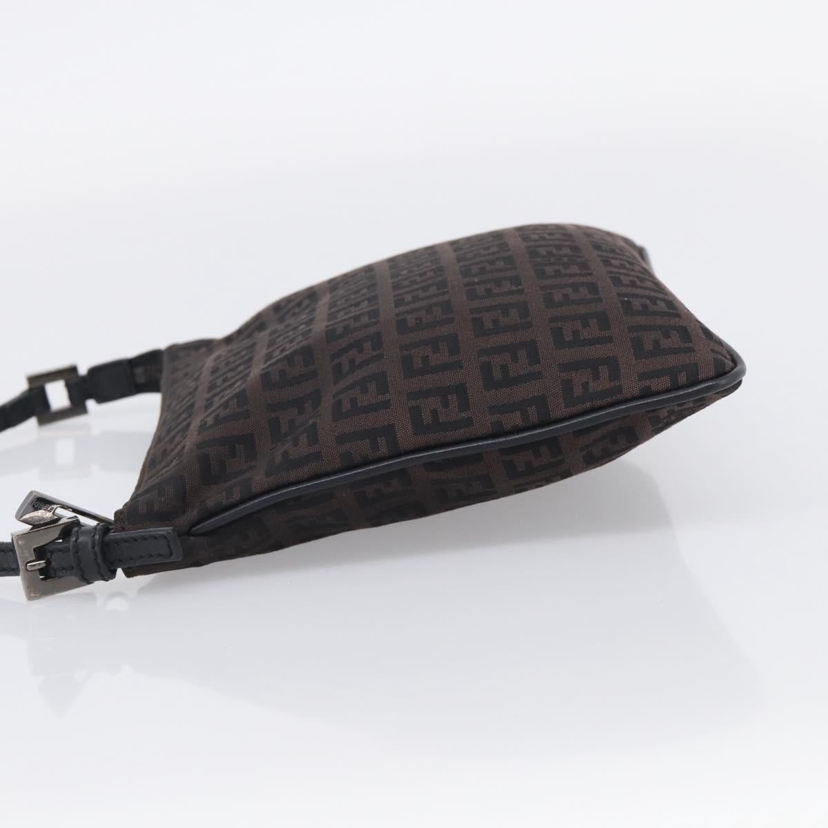 FENDI Zucchino Canvas Shoulder Bag Dark Brown Silver Auth mr3155