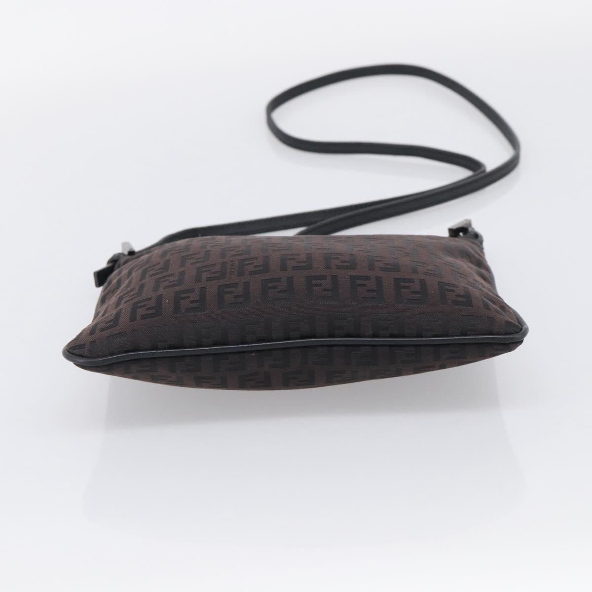 FENDI Zucchino Canvas Shoulder Bag Dark Brown Silver Auth mr3155