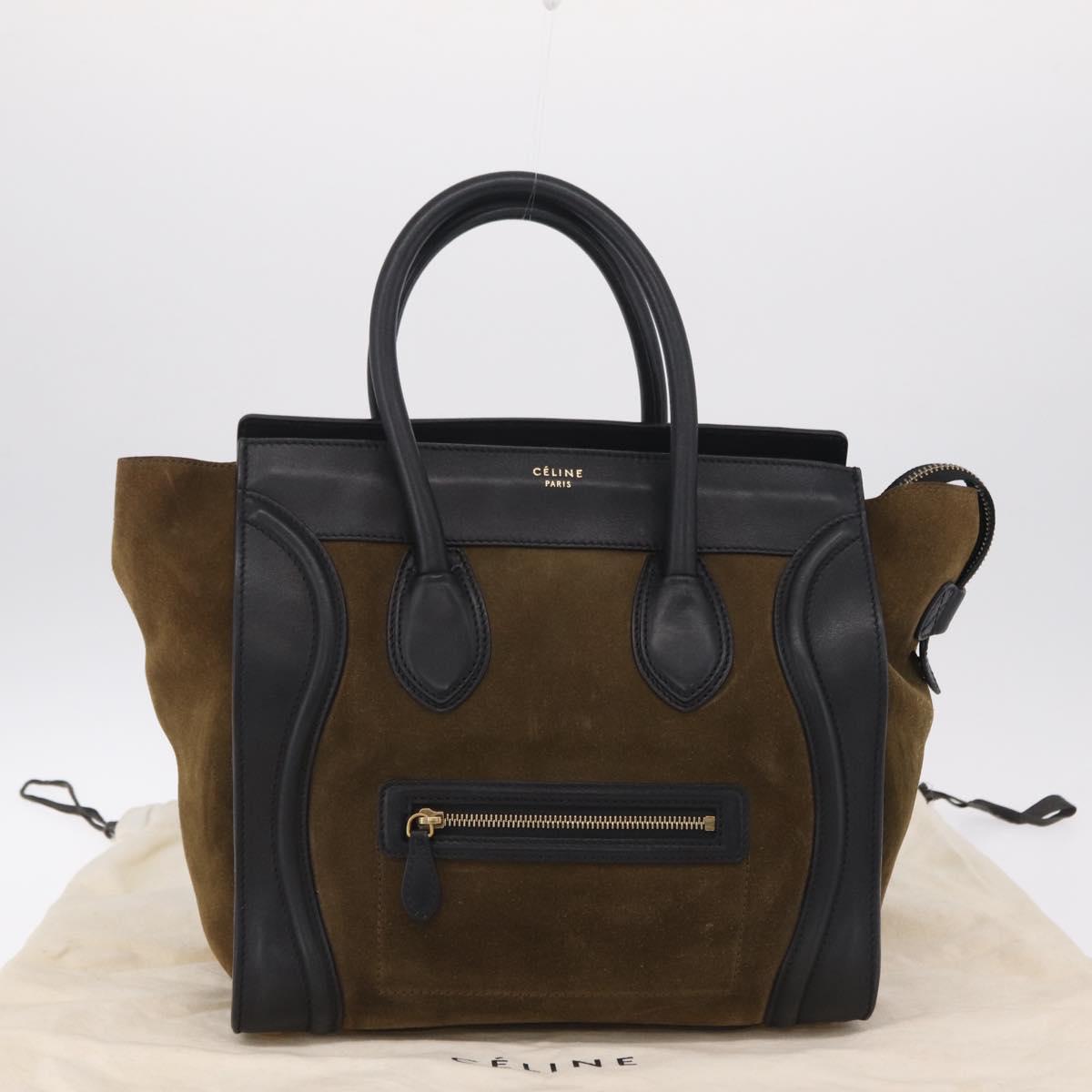 CELINE Luggage Medium Hand Bag Suede Leather Beige Gold black Auth mr3170A