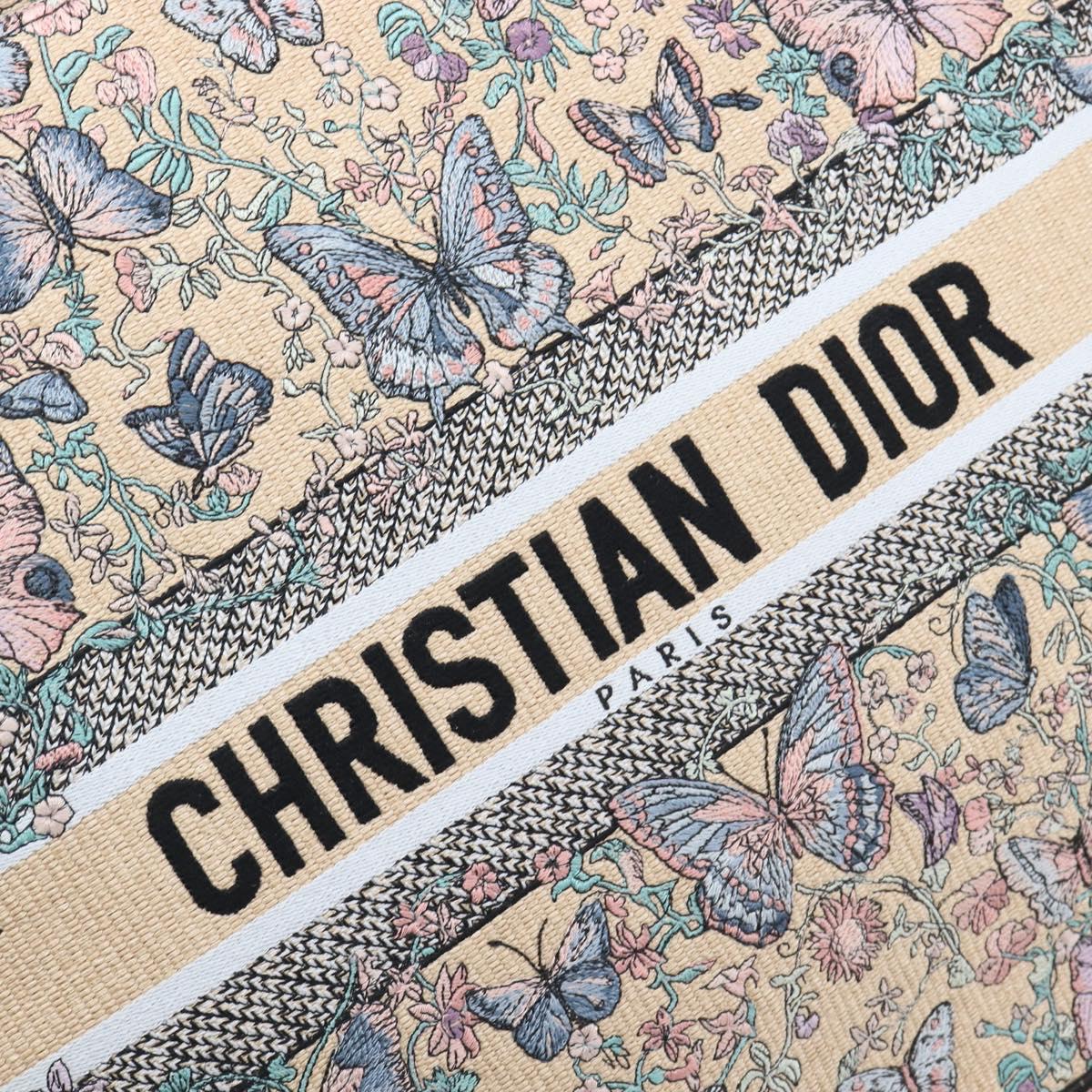 Christian Dior Book Tote Butterfly Hand Bag Canvas Beige Auth mr3224V