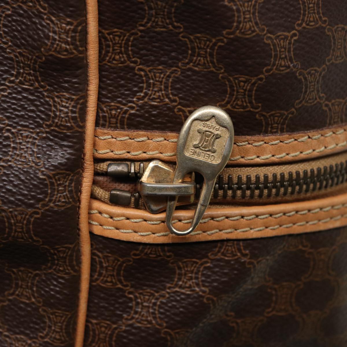 CELINE Macadam Canvas Boston Bag PVC Leather Brown Auth mr364