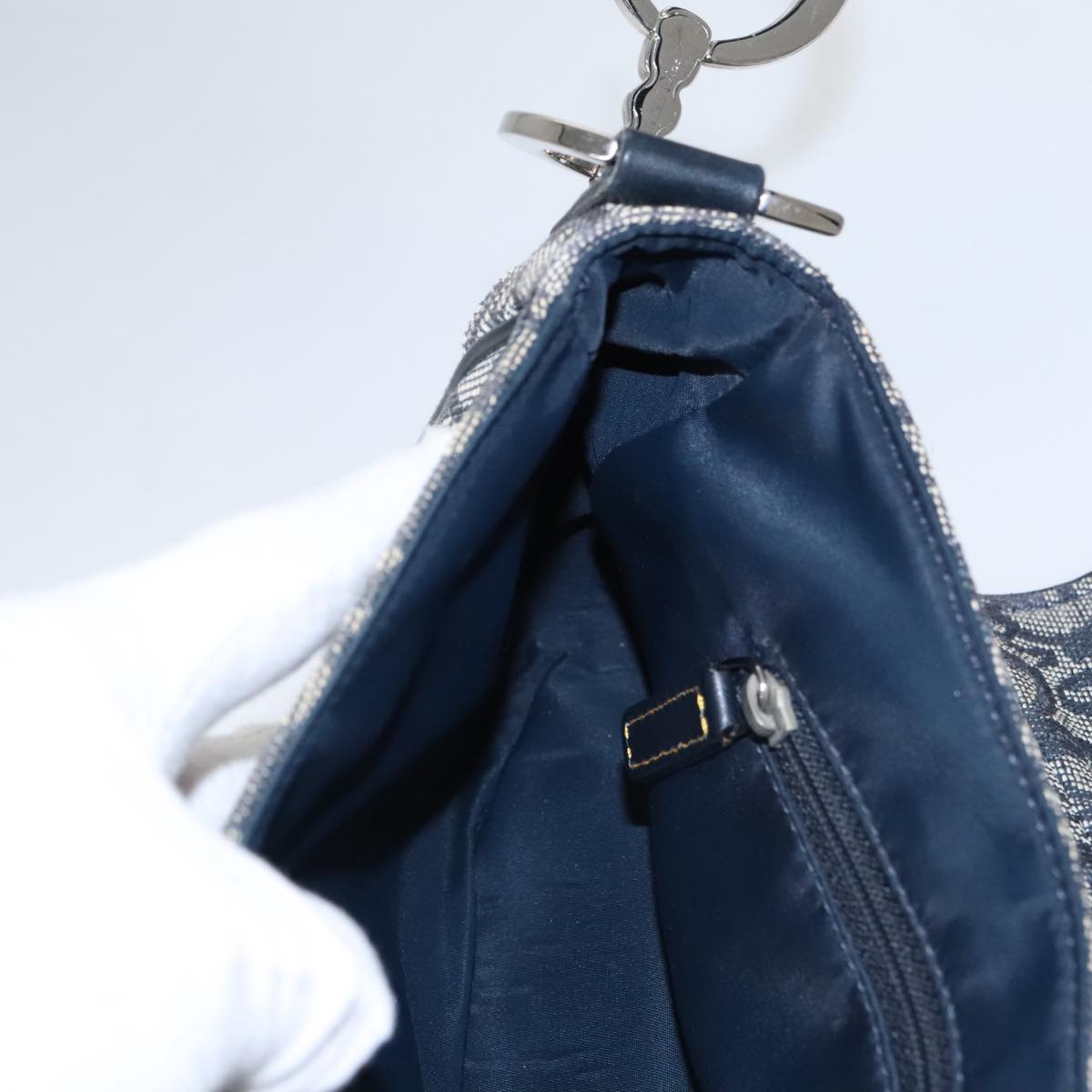 Christian Dior Trotter Canvas Saddle Shoulder Bag Navy Silver Auth mr803