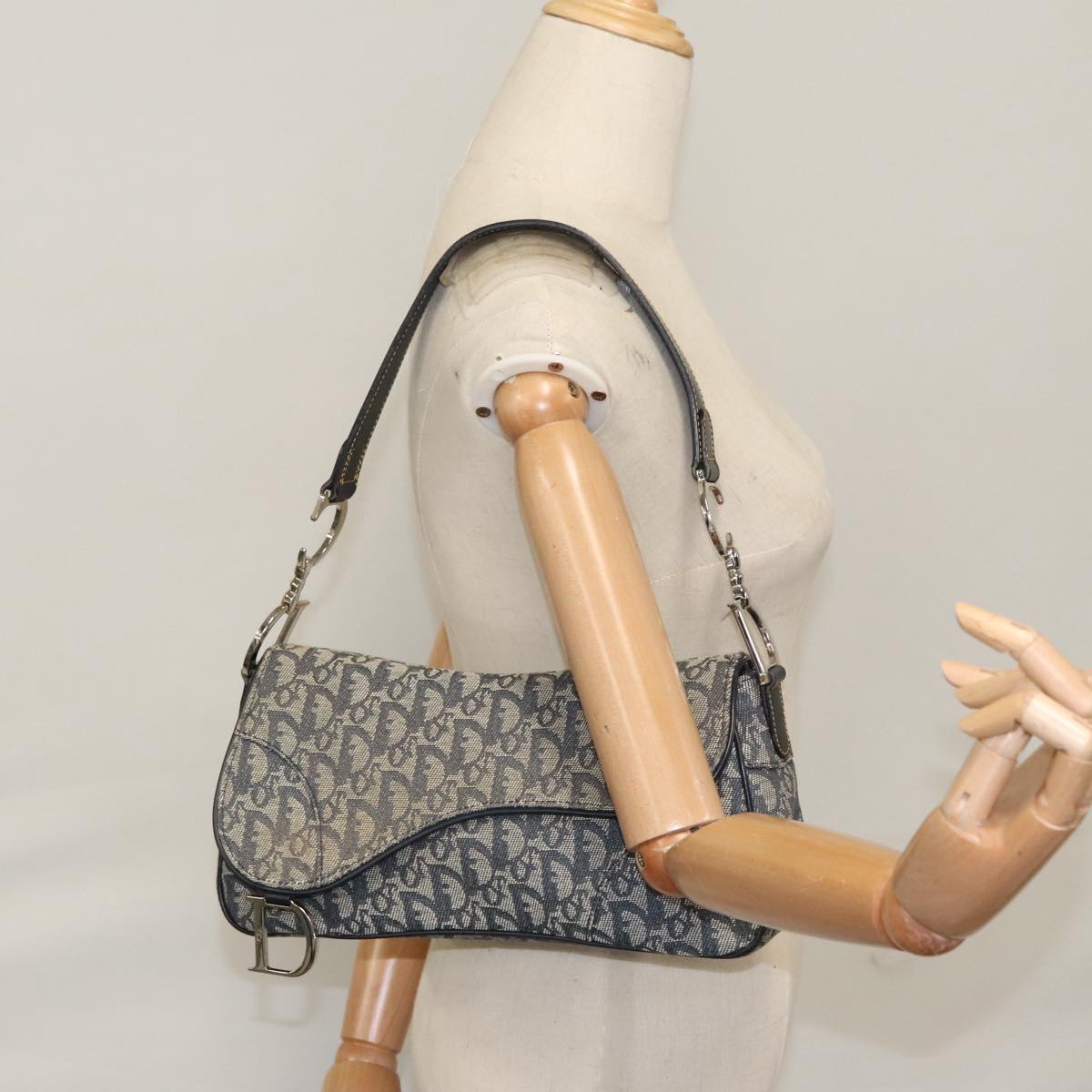 Christian Dior Trotter Canvas Saddle Shoulder Bag Navy Silver Auth mr803