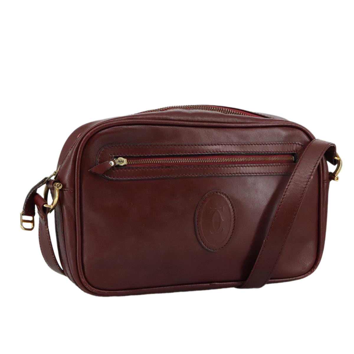 CARTIER Must Line Shoulder Bag Leather Bordeaux Gold Auth mr807