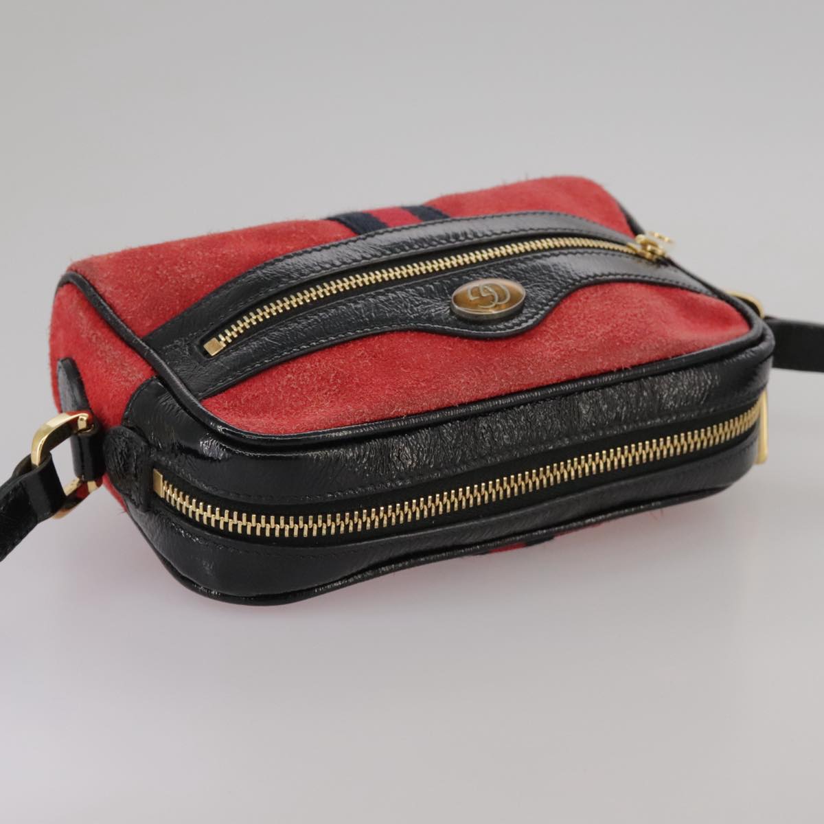 GUCCI Sherry Line Shoulder Bag Suede Red Navy Auth mr825