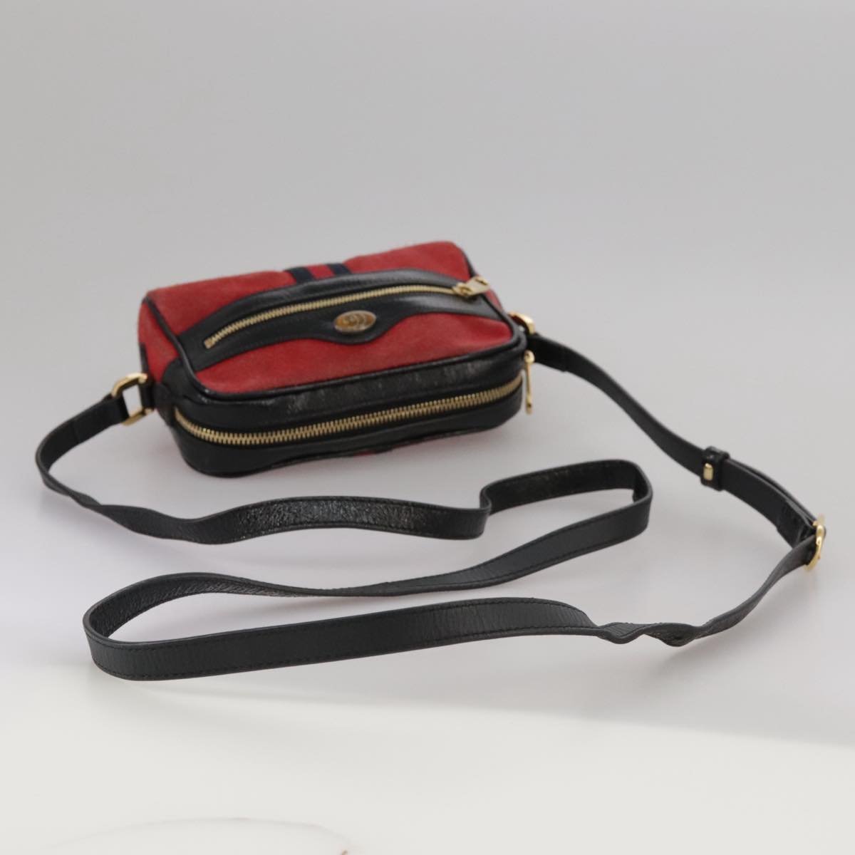 GUCCI Sherry Line Shoulder Bag Suede Red Navy Auth mr825
