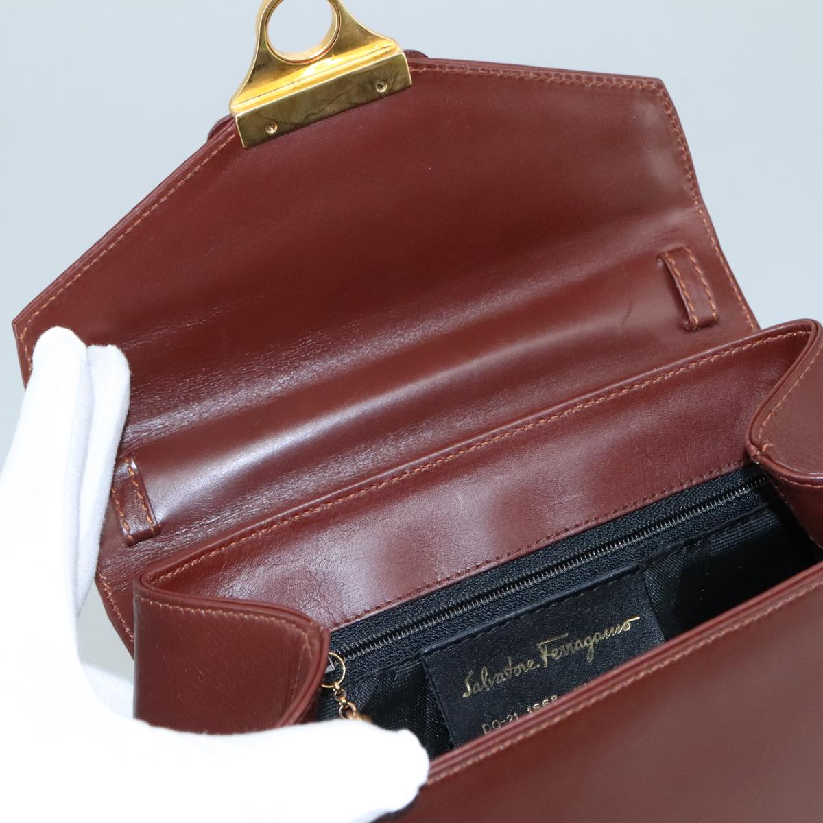 Salvatore Ferragamo Hand Bag Leather Brown Gold Auth mr885