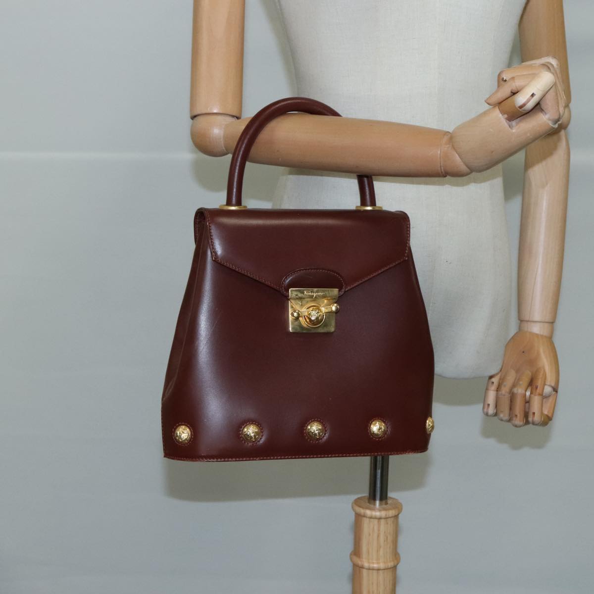 Salvatore Ferragamo Hand Bag Leather Brown Gold Auth mr885