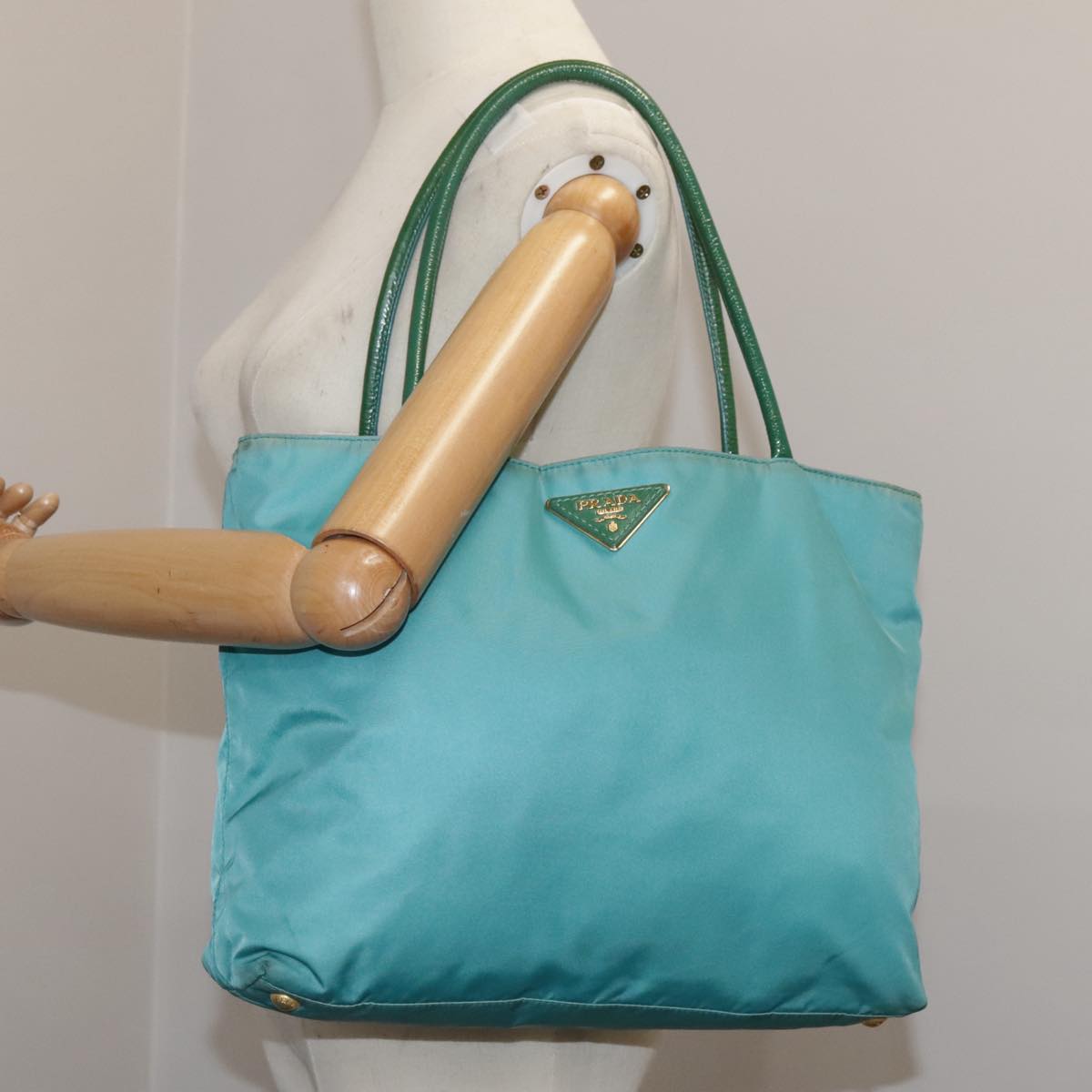 PRADA Tote Bag Nylon Blue Gold Auth mr916