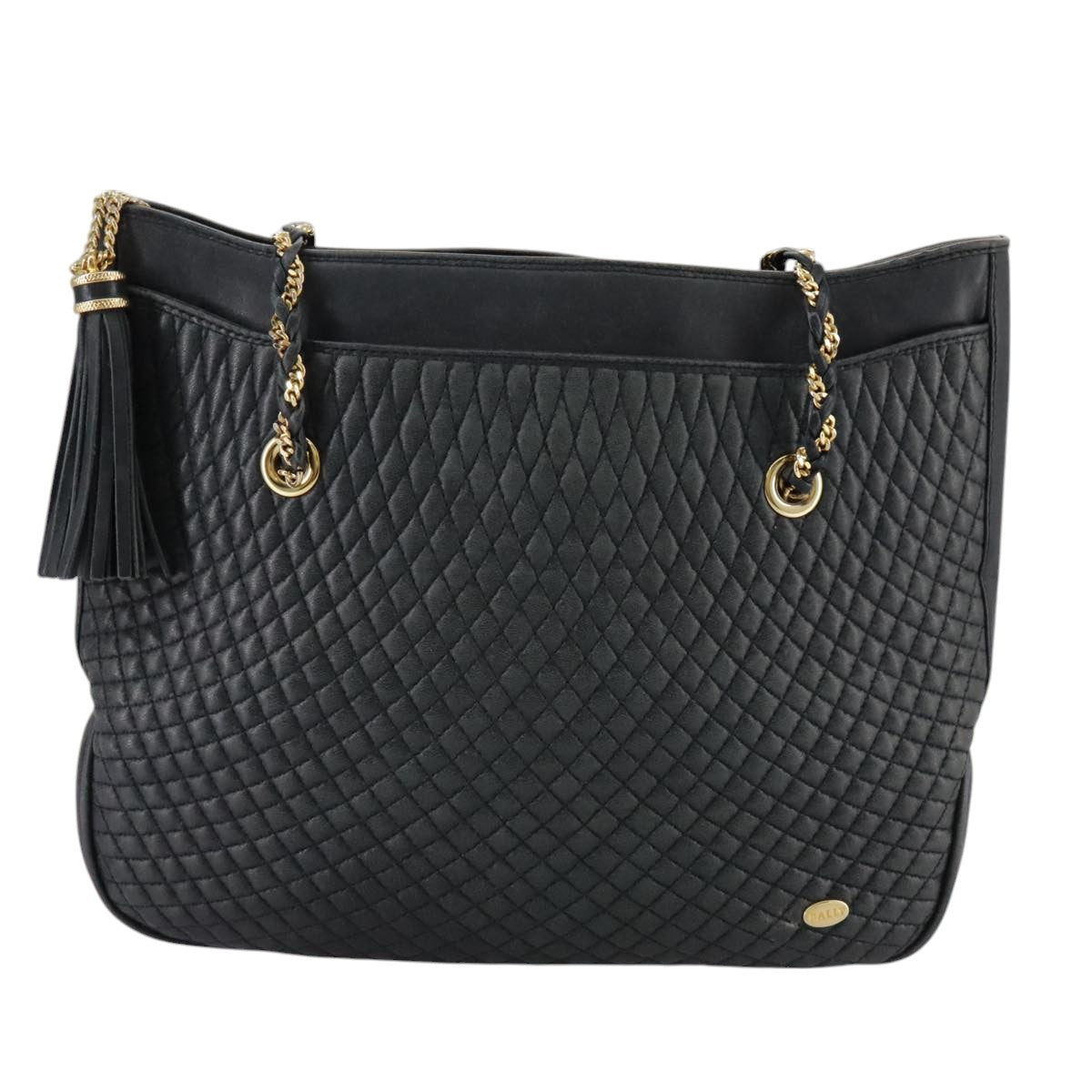 BALLY Chain Tote Bag Leather Black Gold Auth mr918