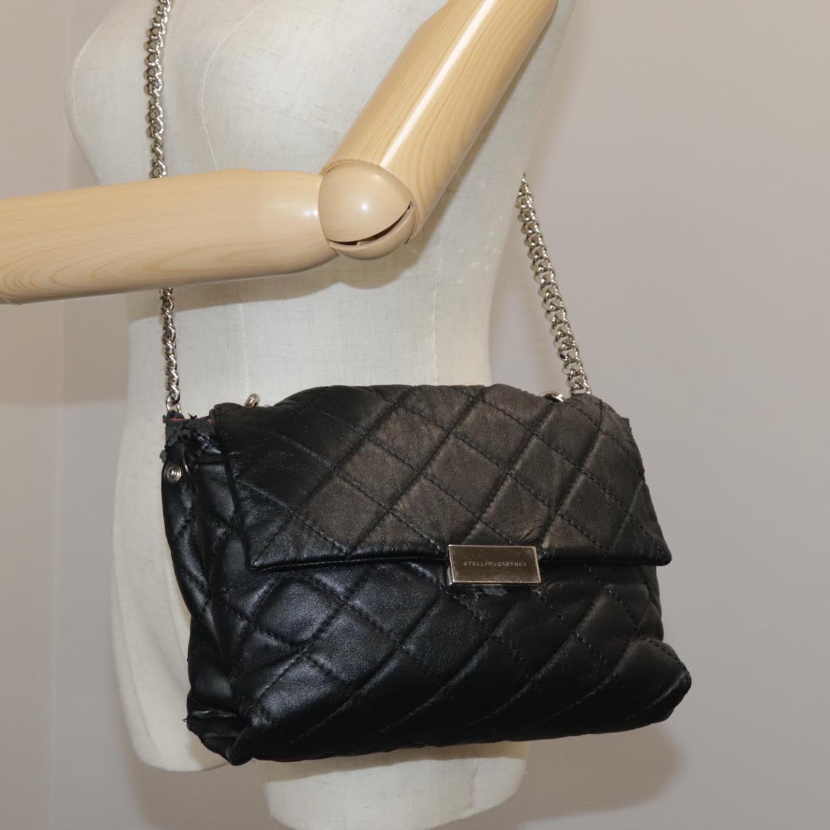 Stella MacCartney Chain Hand Bag Leather 2way Black Silver Auth mr934