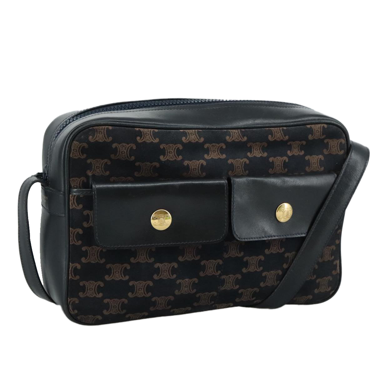 CELINE Macadam Canvas Shoulder Bag Suede Leather Navy Auth mr965