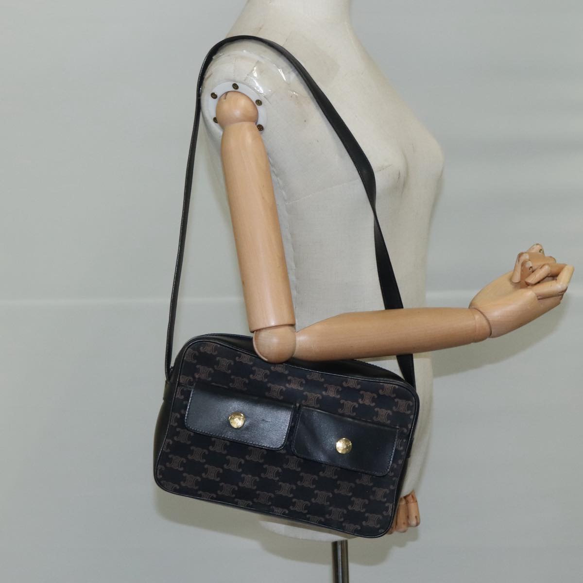 CELINE Macadam Canvas Shoulder Bag Suede Leather Navy Auth mr965