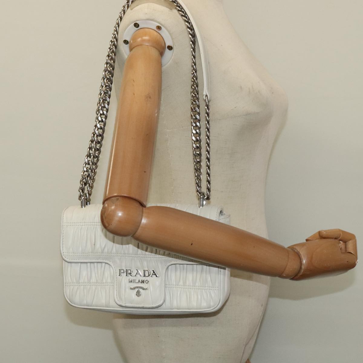 PRADA Gathered Chain Shoulder Bag Leather White Silver Auth mr992