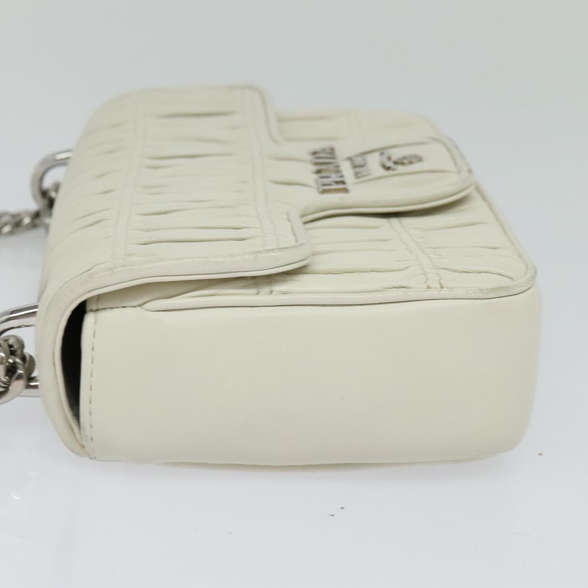 PRADA Gathered Chain Shoulder Bag Leather White Silver Auth mr992