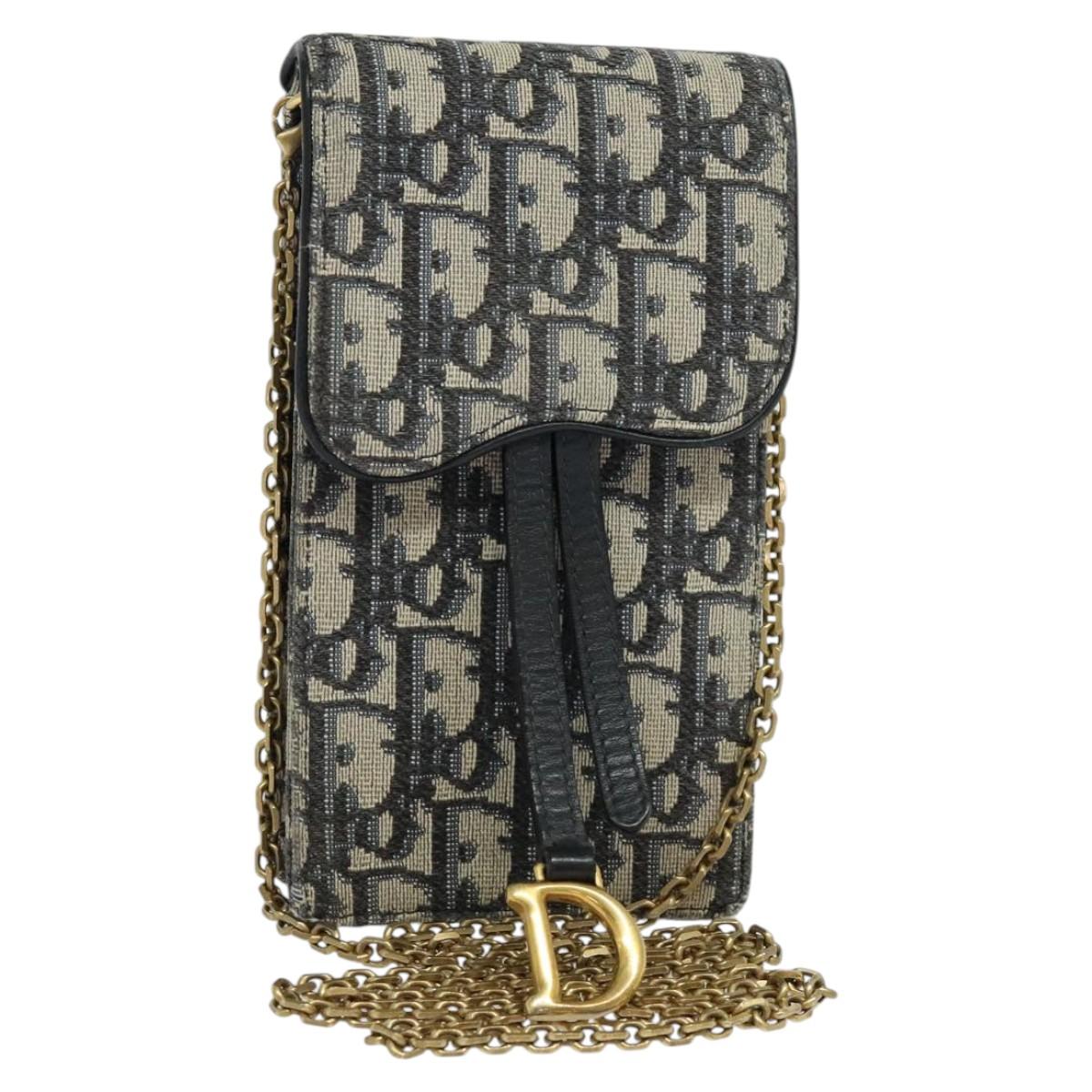 Christian Dior Oblique Chain Trotter Canvas Shoulder Bag Navy Auth MX012