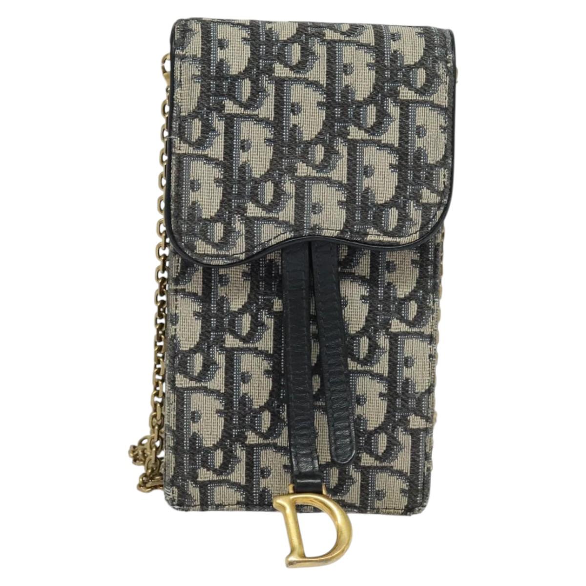 Christian Dior Oblique Chain Trotter Canvas Shoulder Bag Navy Auth MX012