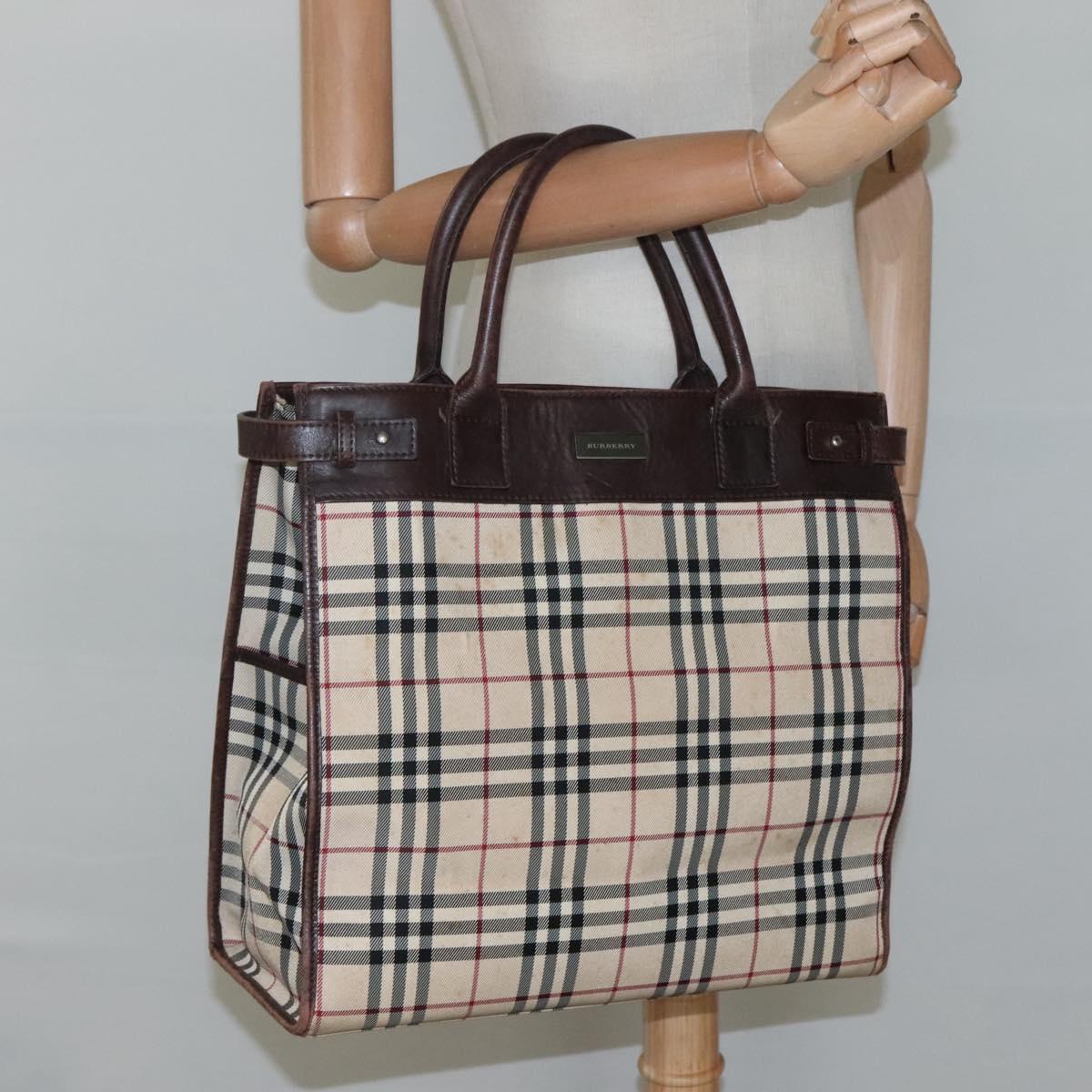 BURBERRY Nova Check Hand Bag Canvas Beige Auth MX078