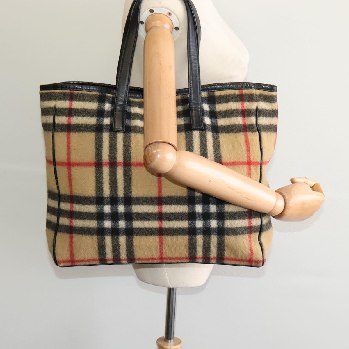 Burberrys Nova Check Blue Label Tote Bag Wool Beige Auth MX157