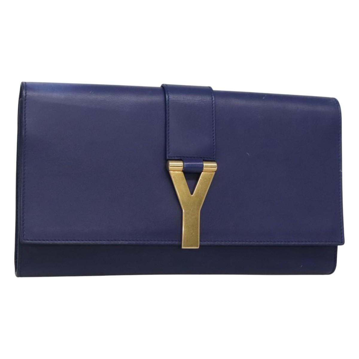 SAINT LAURENT Clutch Bag Leather Blue Gold 311213 Auth MX188