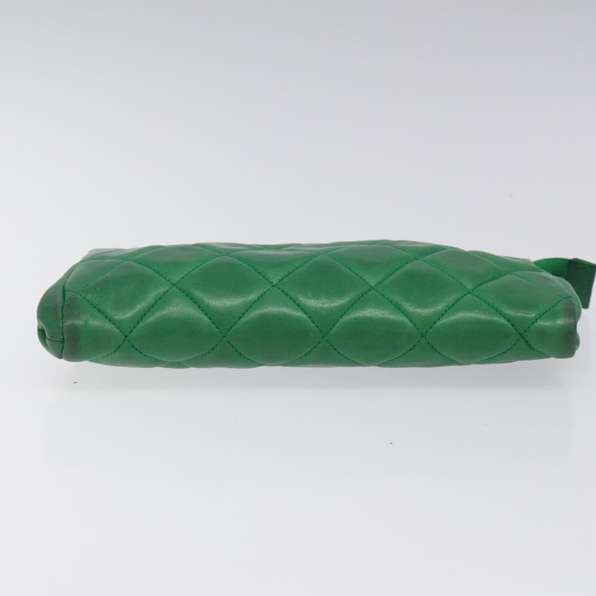 CHANEL Matelasse Pouch Leather Green Gold CC Auth MX240