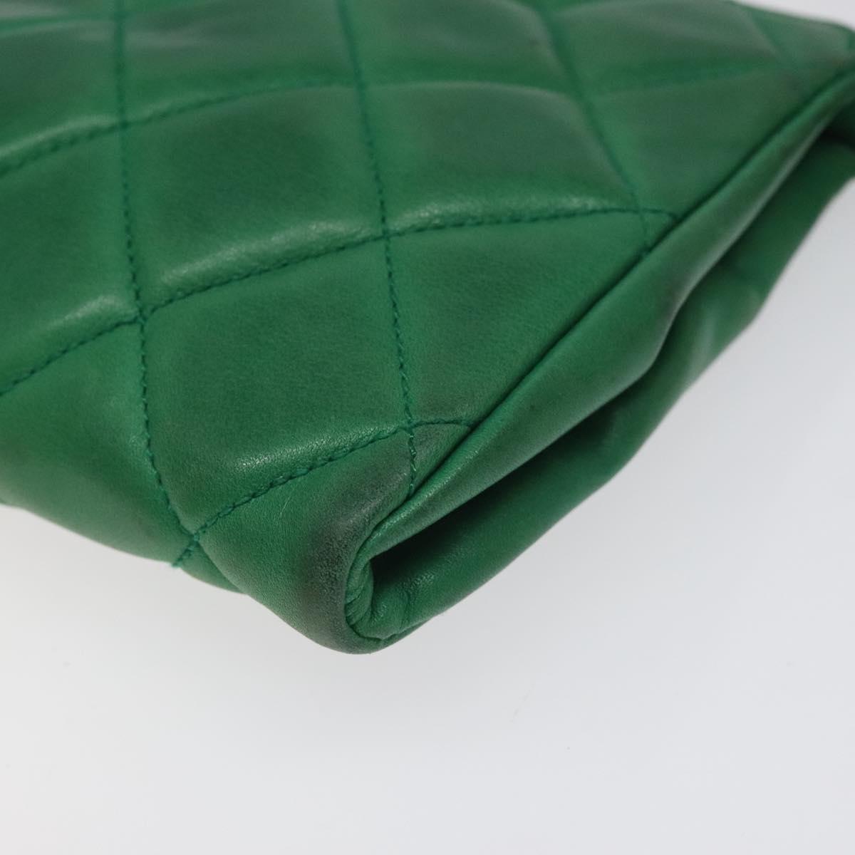 CHANEL Matelasse Pouch Leather Green Gold CC Auth MX240