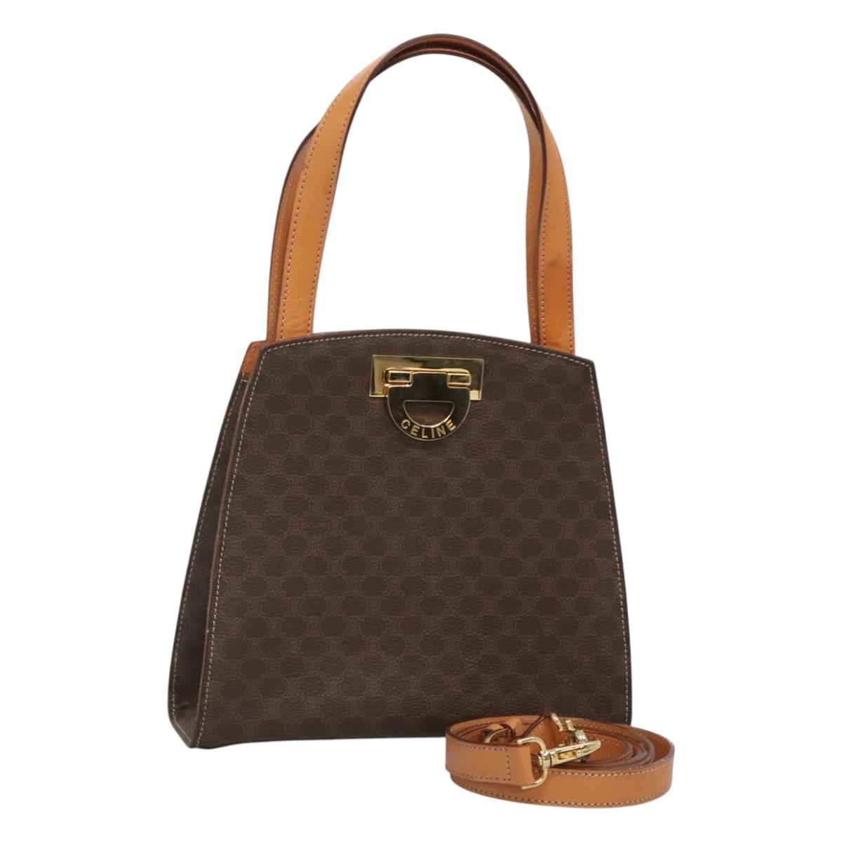 CELINE Macadam Canvas Hand Bag PVC Leather 2way Brown Gold Auth MX358