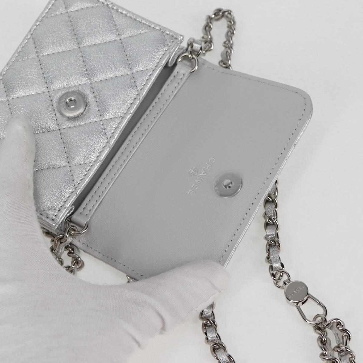 CHANEL Matelasse Chain Shoulder Bag Leather Silver CC Auth MX400AM