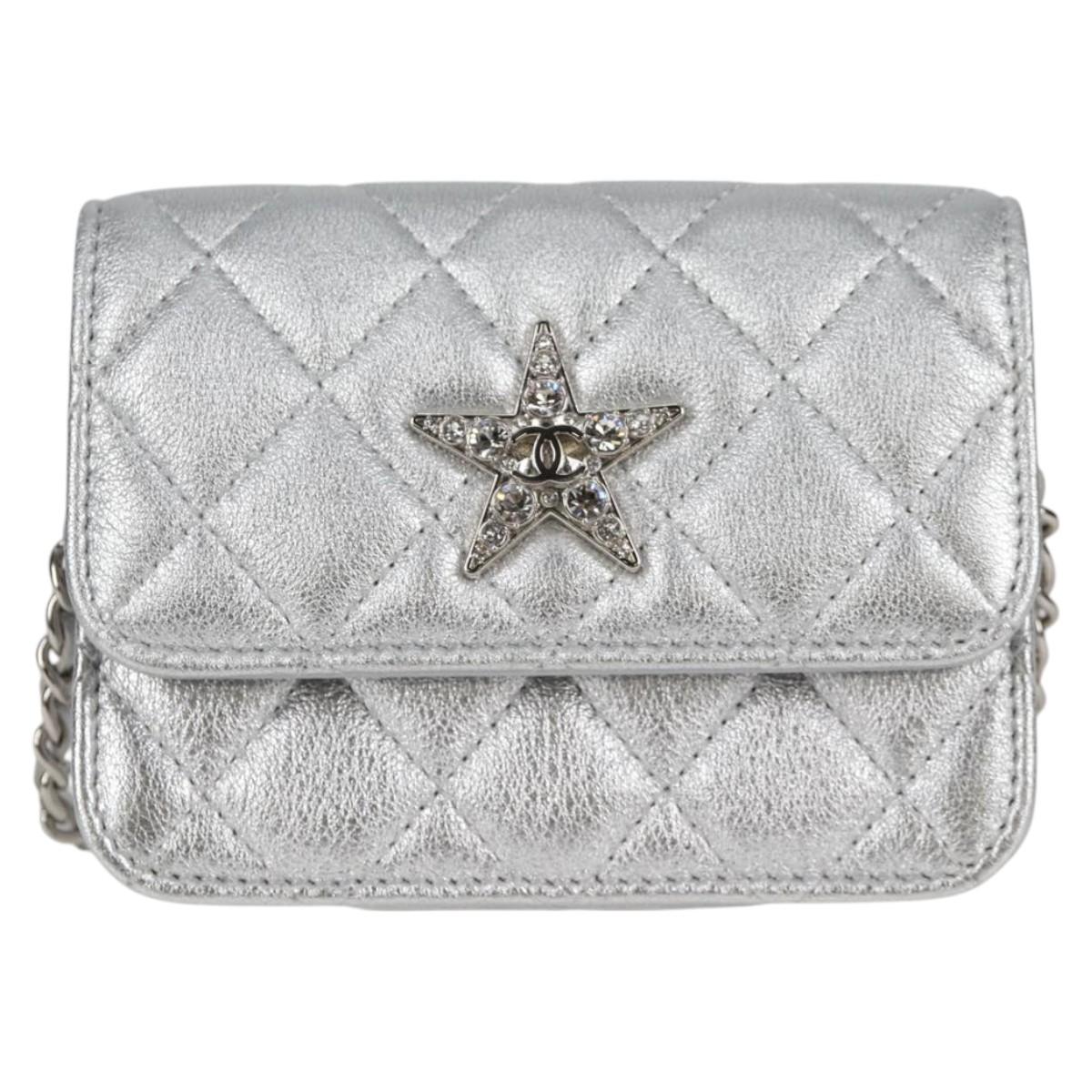 CHANEL Matelasse Chain Shoulder Bag Leather Silver CC Auth MX400AM